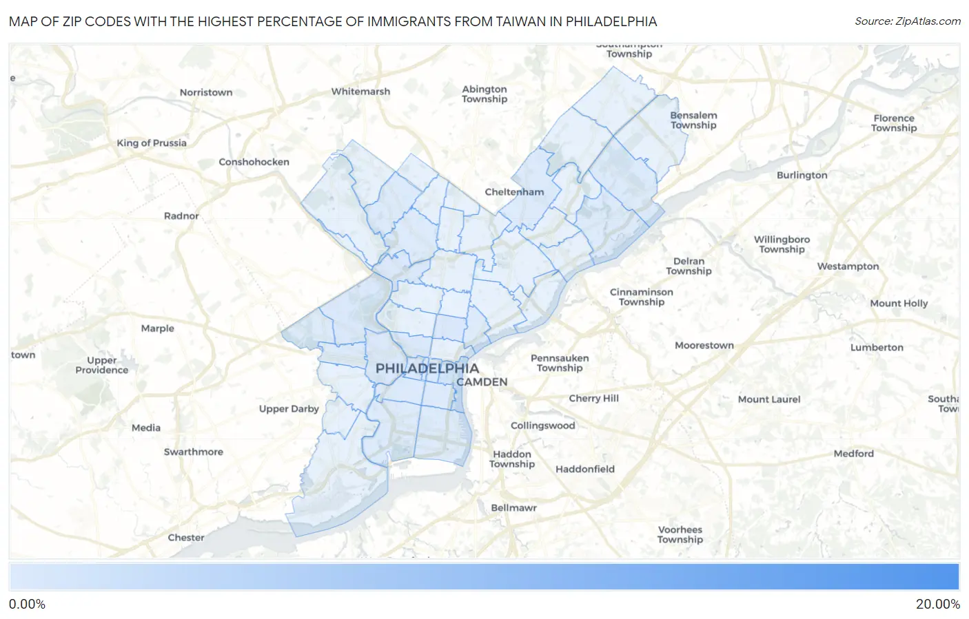 Zip Codes with the Highest Percentage of Immigrants from Taiwan in Philadelphia Map