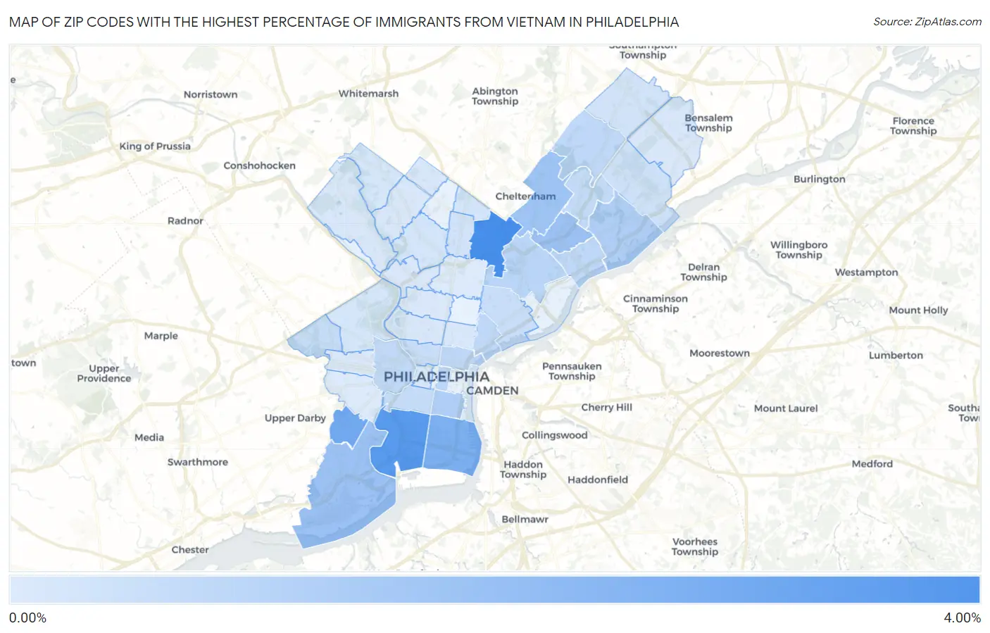 Zip Codes with the Highest Percentage of Immigrants from Vietnam in Philadelphia Map
