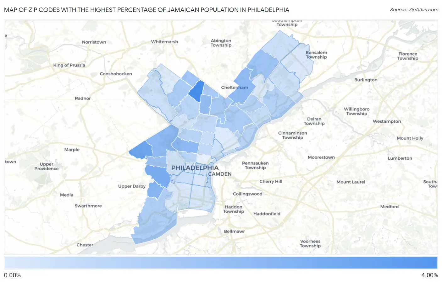 Zip Codes with the Highest Percentage of Jamaican Population in Philadelphia Map