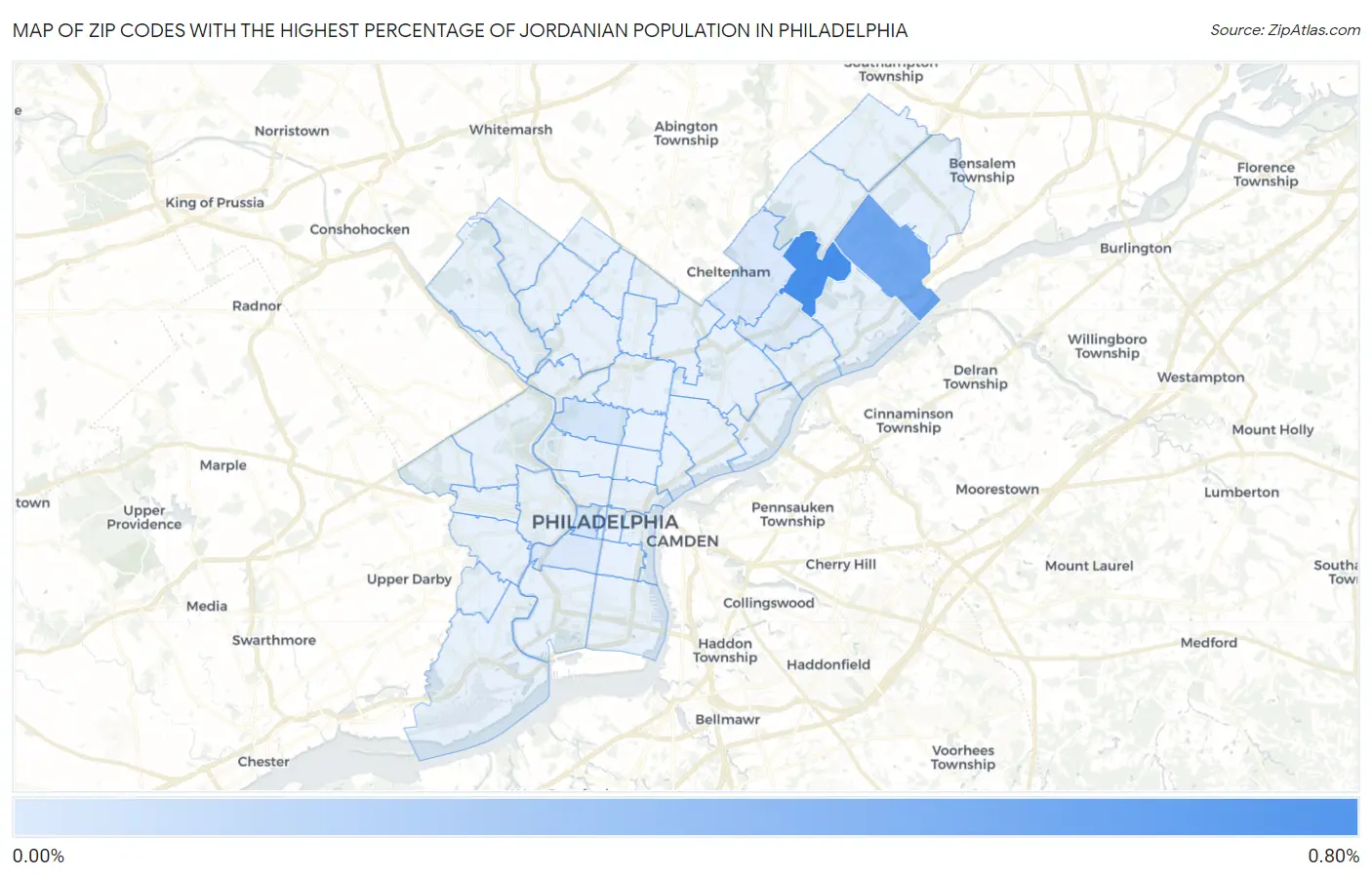 Zip Codes with the Highest Percentage of Jordanian Population in Philadelphia Map