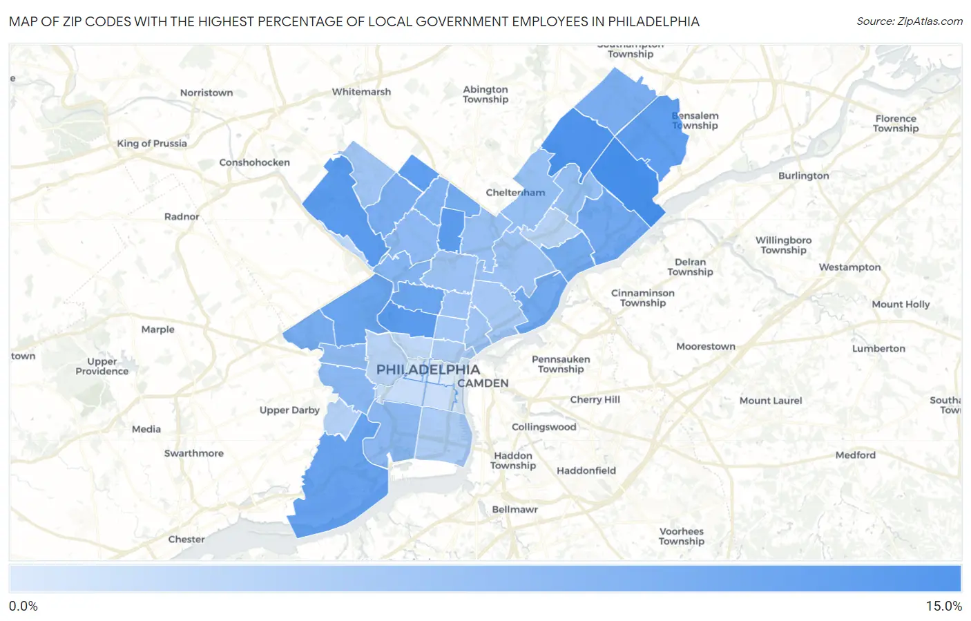 Zip Codes with the Highest Percentage of Local Government Employees in Philadelphia Map