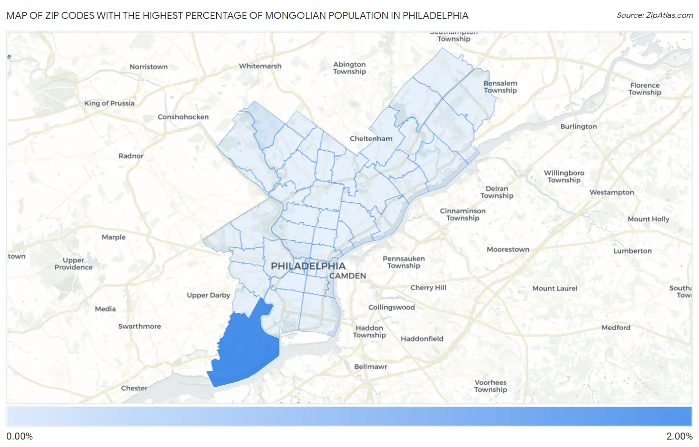 Zip Codes with the Highest Percentage of Mongolian Population in Philadelphia Map