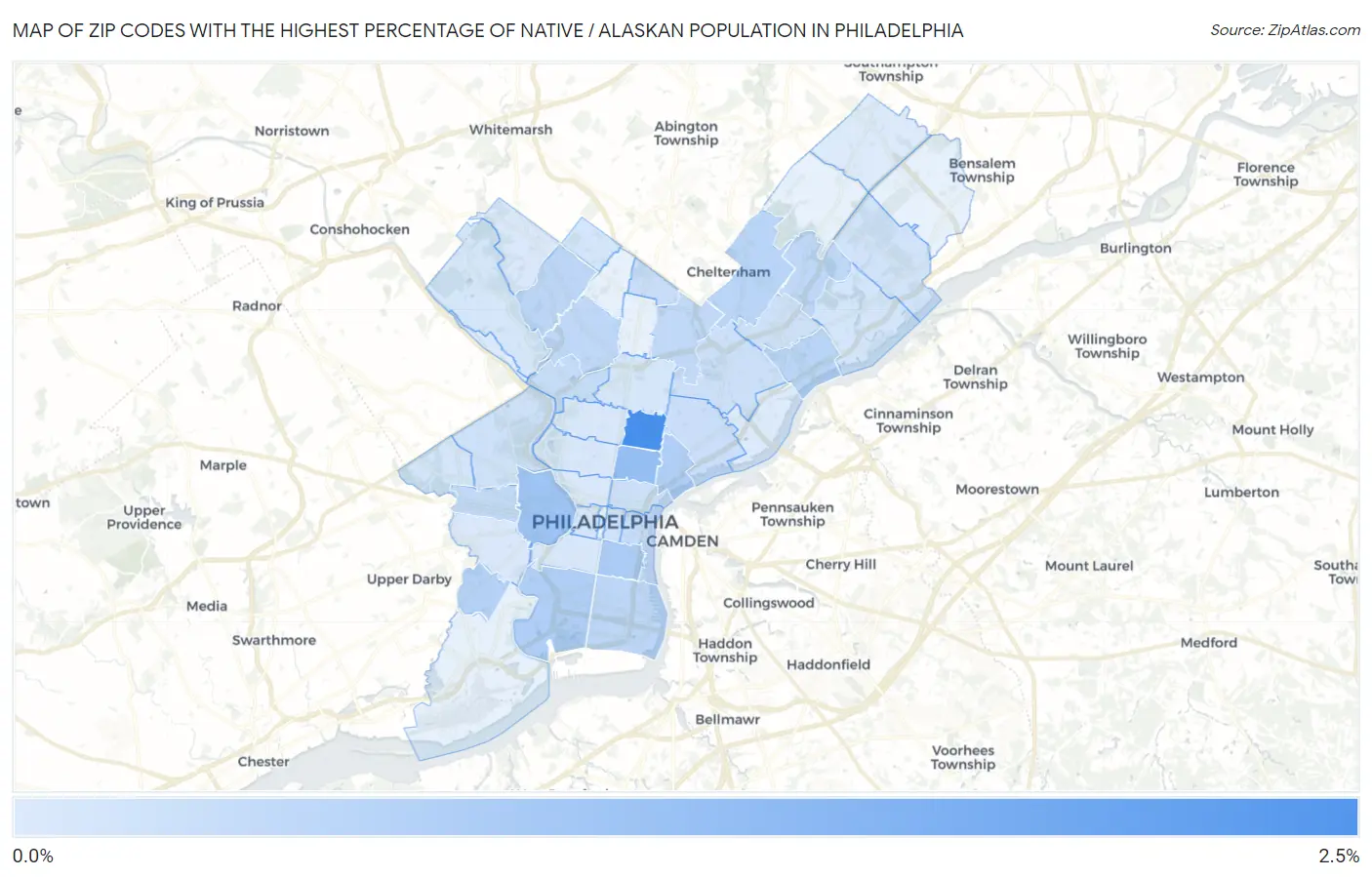 Zip Codes with the Highest Percentage of Native / Alaskan Population in Philadelphia Map