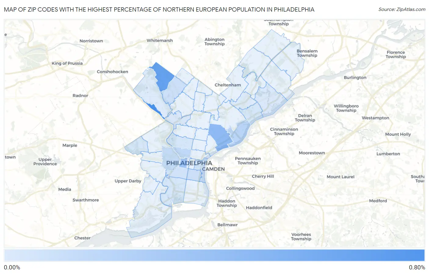 Zip Codes with the Highest Percentage of Northern European Population in Philadelphia Map