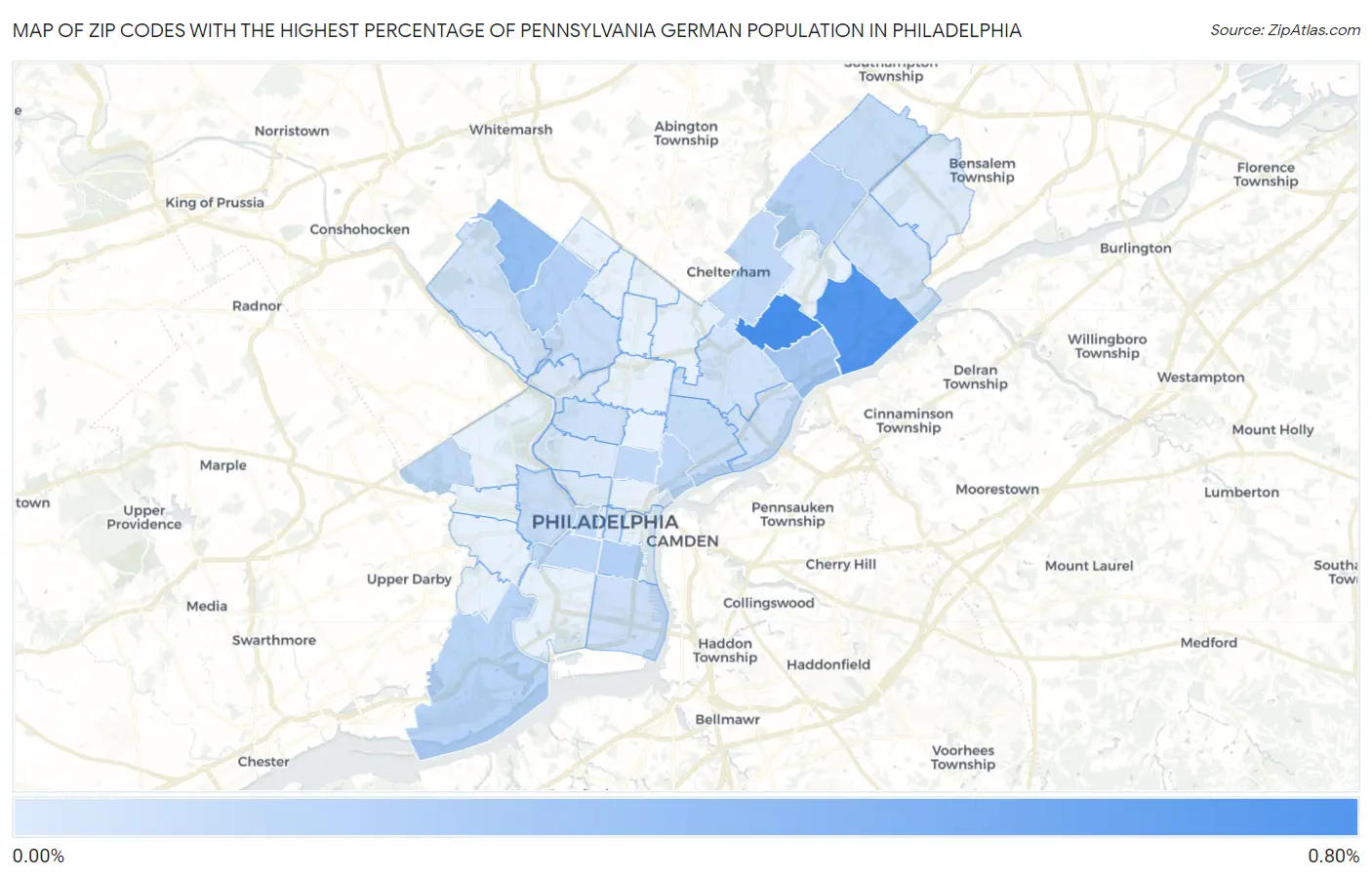 Zip Codes with the Highest Percentage of Pennsylvania German Population in Philadelphia Map