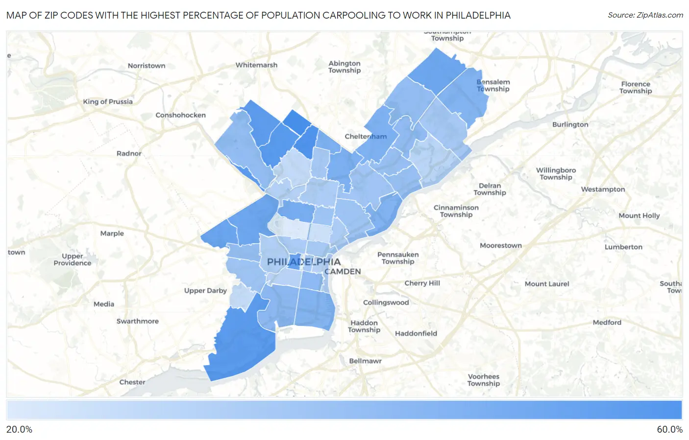 Zip Codes with the Highest Percentage of Population Carpooling to Work in Philadelphia Map