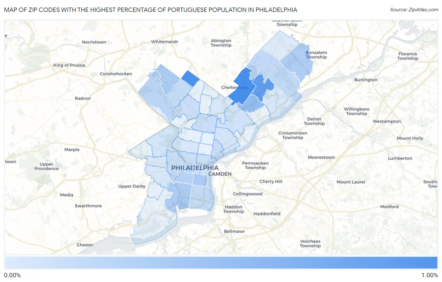 Zip Codes with the Highest Percentage of Portuguese Population in Philadelphia Map