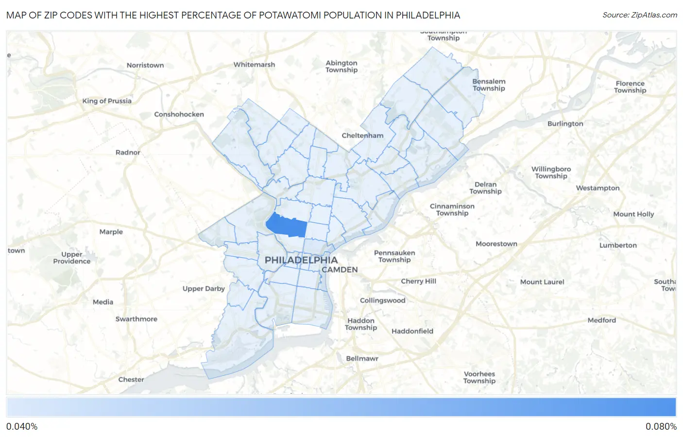 Zip Codes with the Highest Percentage of Potawatomi Population in Philadelphia Map