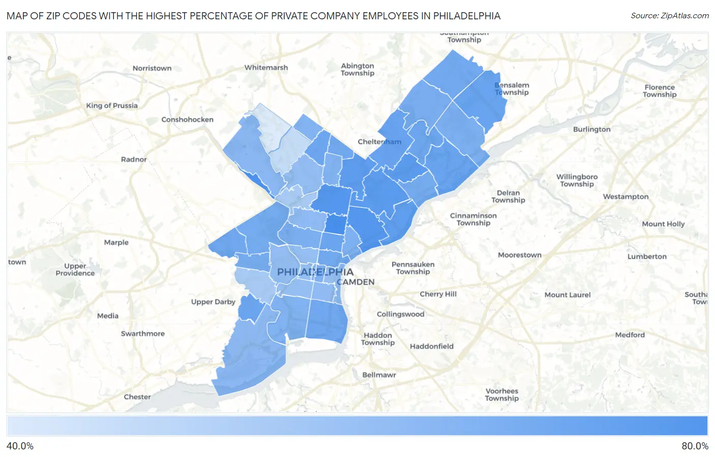 Zip Codes with the Highest Percentage of Private Company Employees in Philadelphia Map