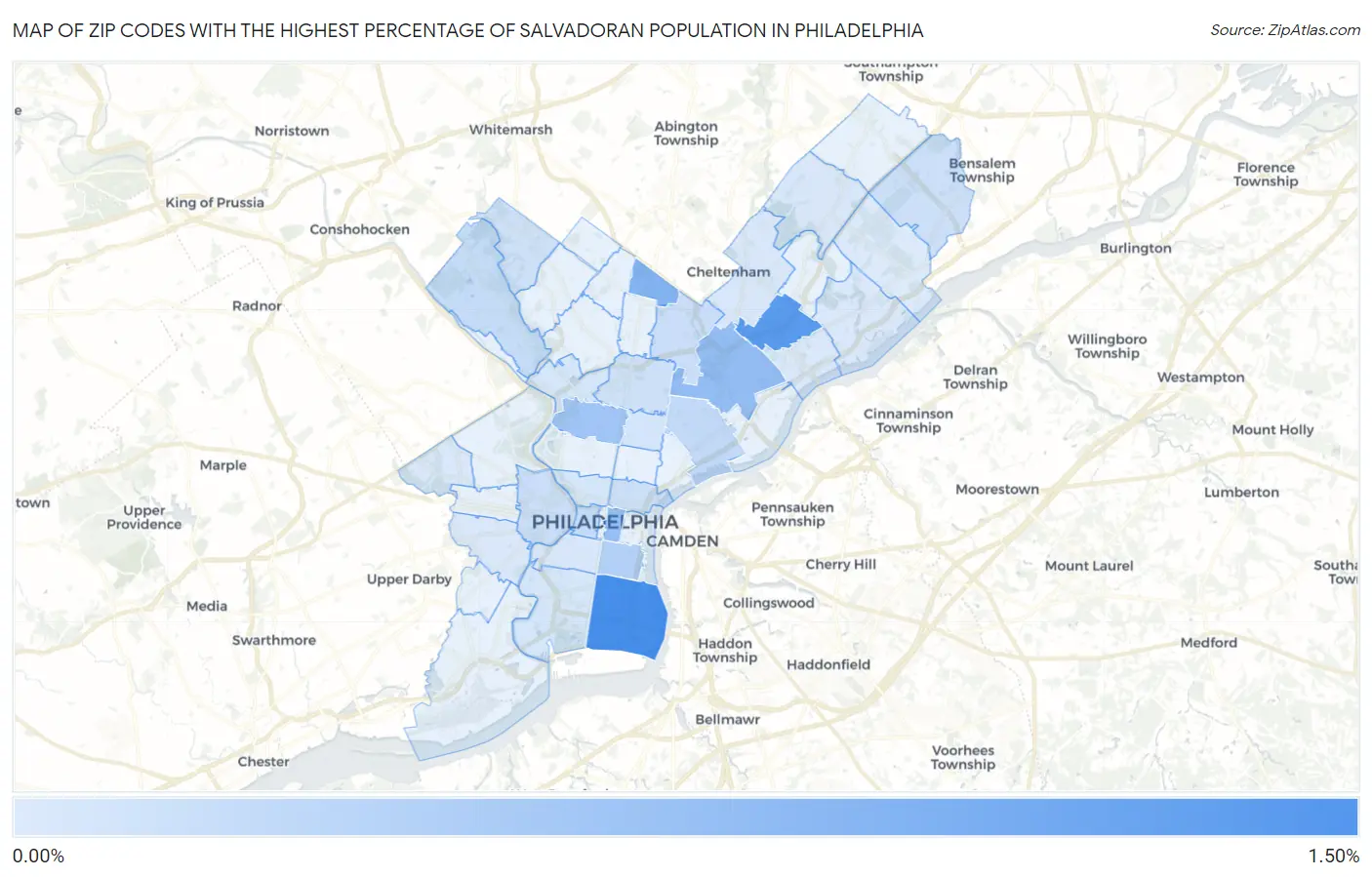 Zip Codes with the Highest Percentage of Salvadoran Population in Philadelphia Map
