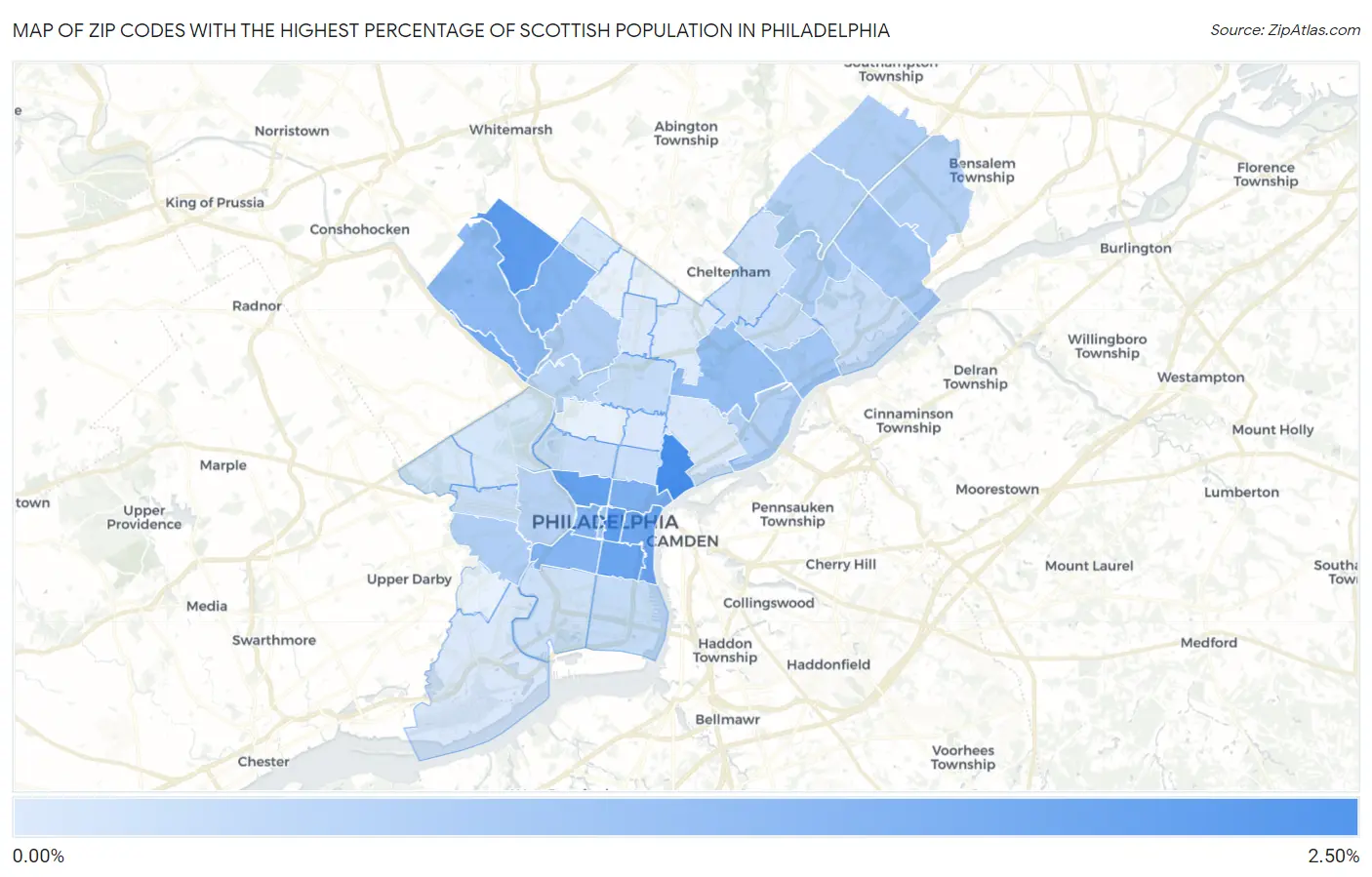 Zip Codes with the Highest Percentage of Scottish Population in Philadelphia Map