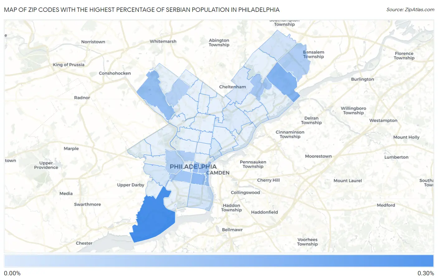 Zip Codes with the Highest Percentage of Serbian Population in Philadelphia Map