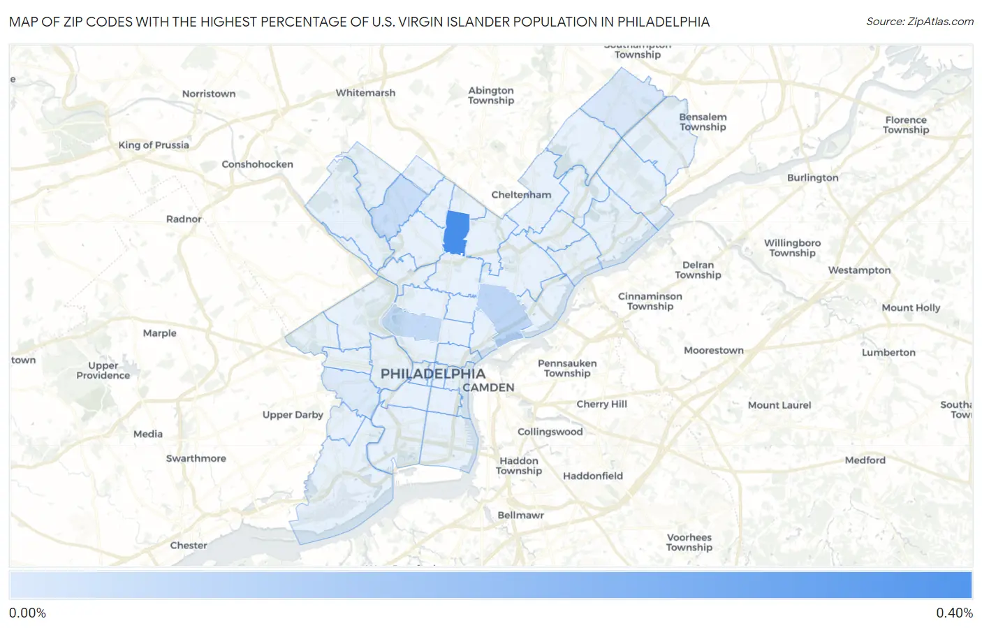 Zip Codes with the Highest Percentage of U.S. Virgin Islander Population in Philadelphia Map