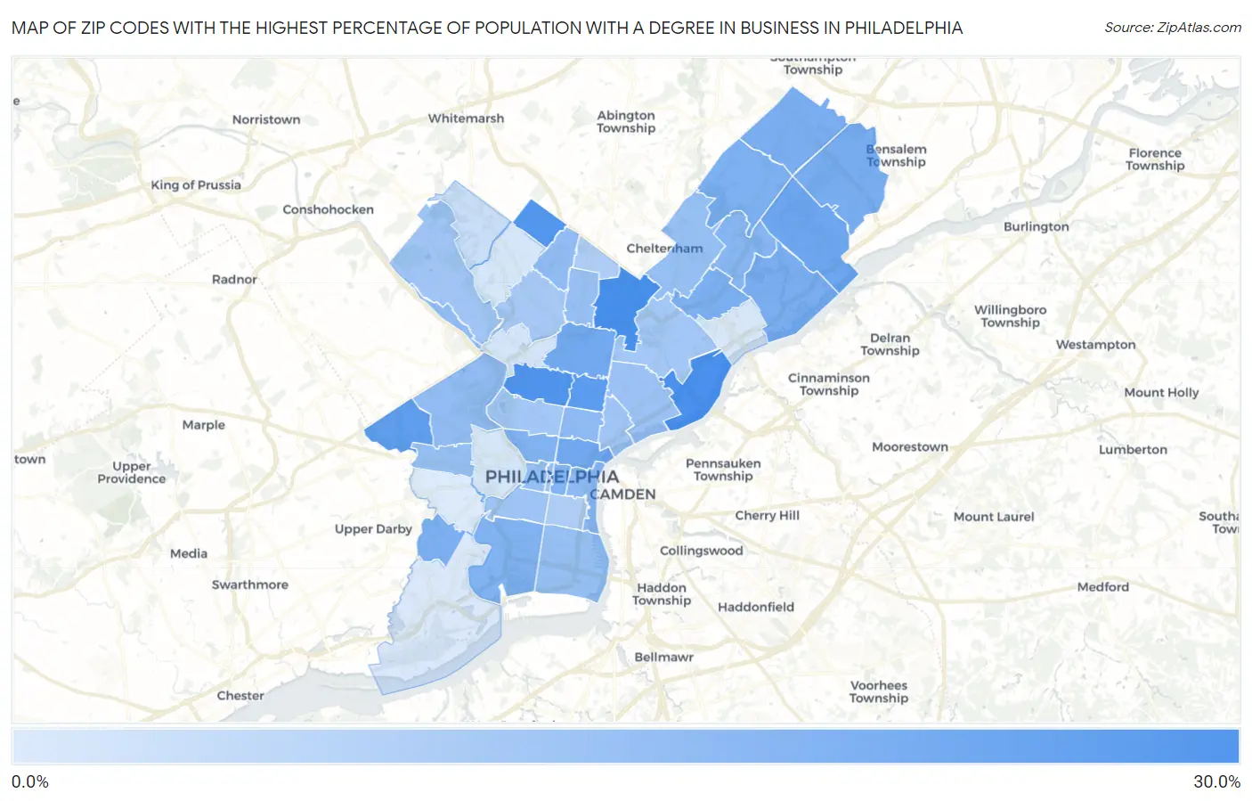 Zip Codes with the Highest Percentage of Population with a Degree in Business in Philadelphia Map