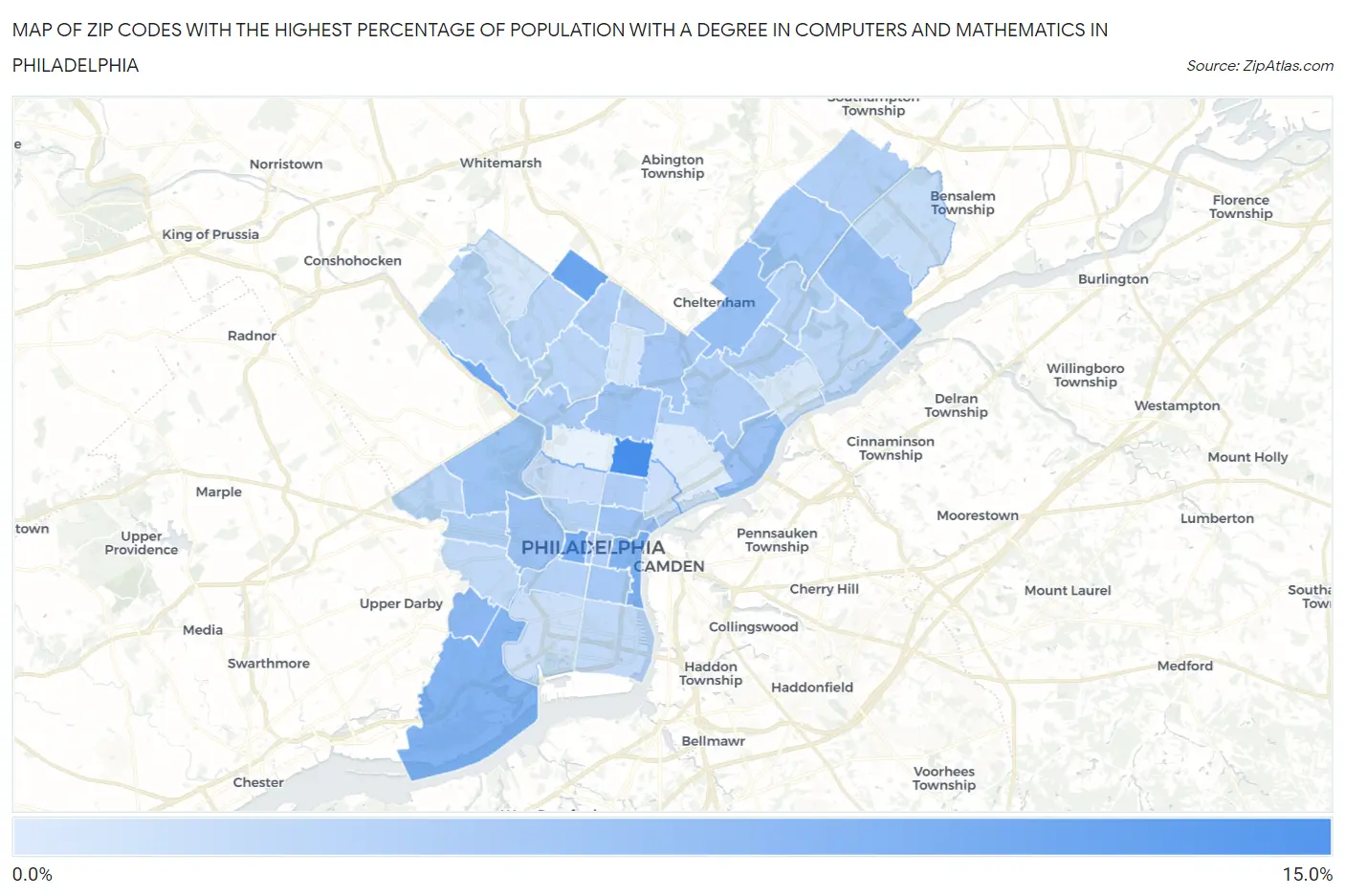 Zip Codes with the Highest Percentage of Population with a Degree in Computers and Mathematics in Philadelphia Map
