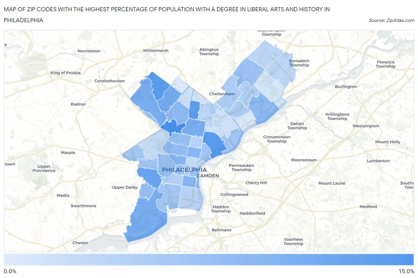 Zip Codes with the Highest Percentage of Population with a Degree in Liberal Arts and History in Philadelphia Map