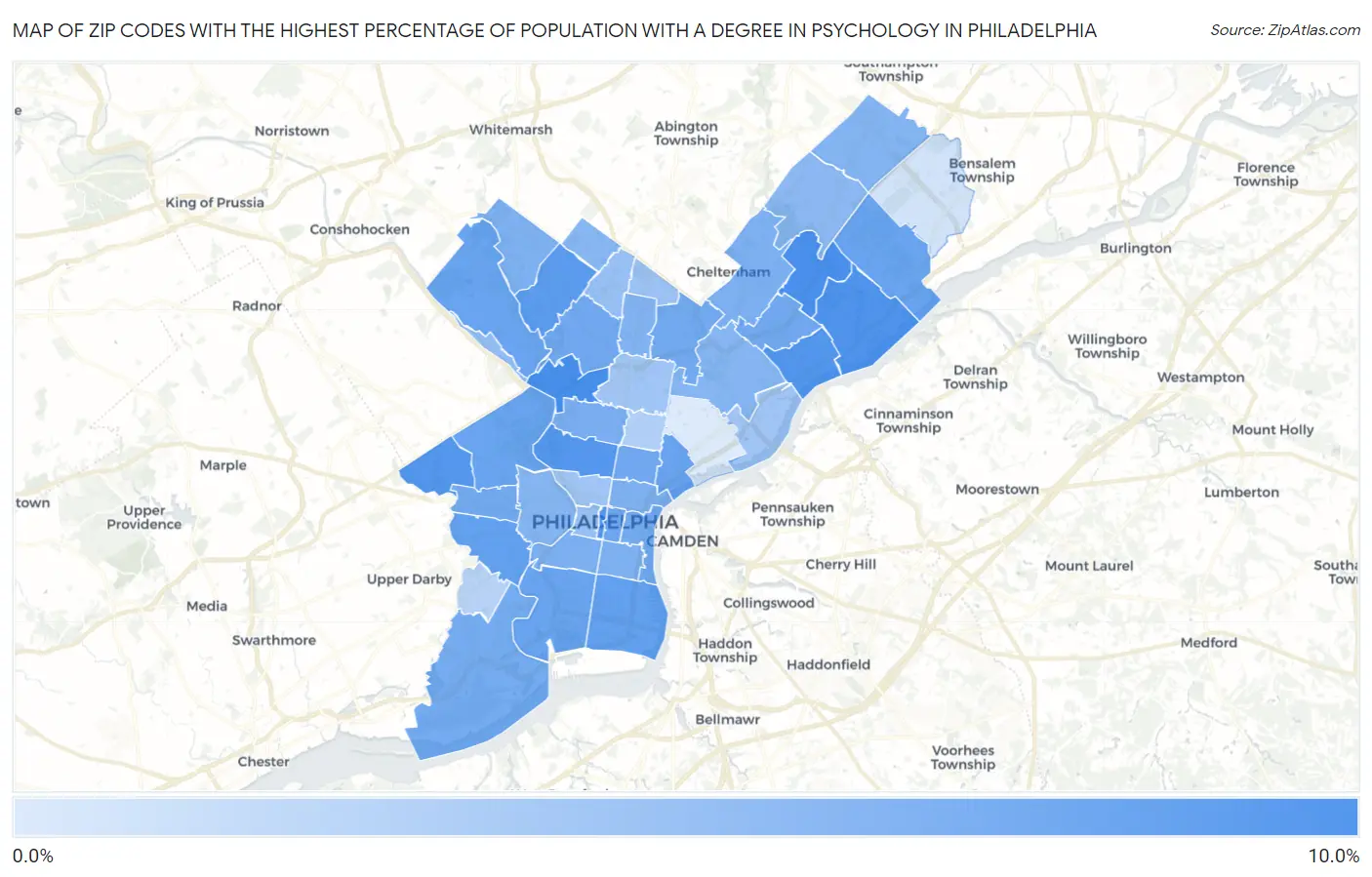 Zip Codes with the Highest Percentage of Population with a Degree in Psychology in Philadelphia Map