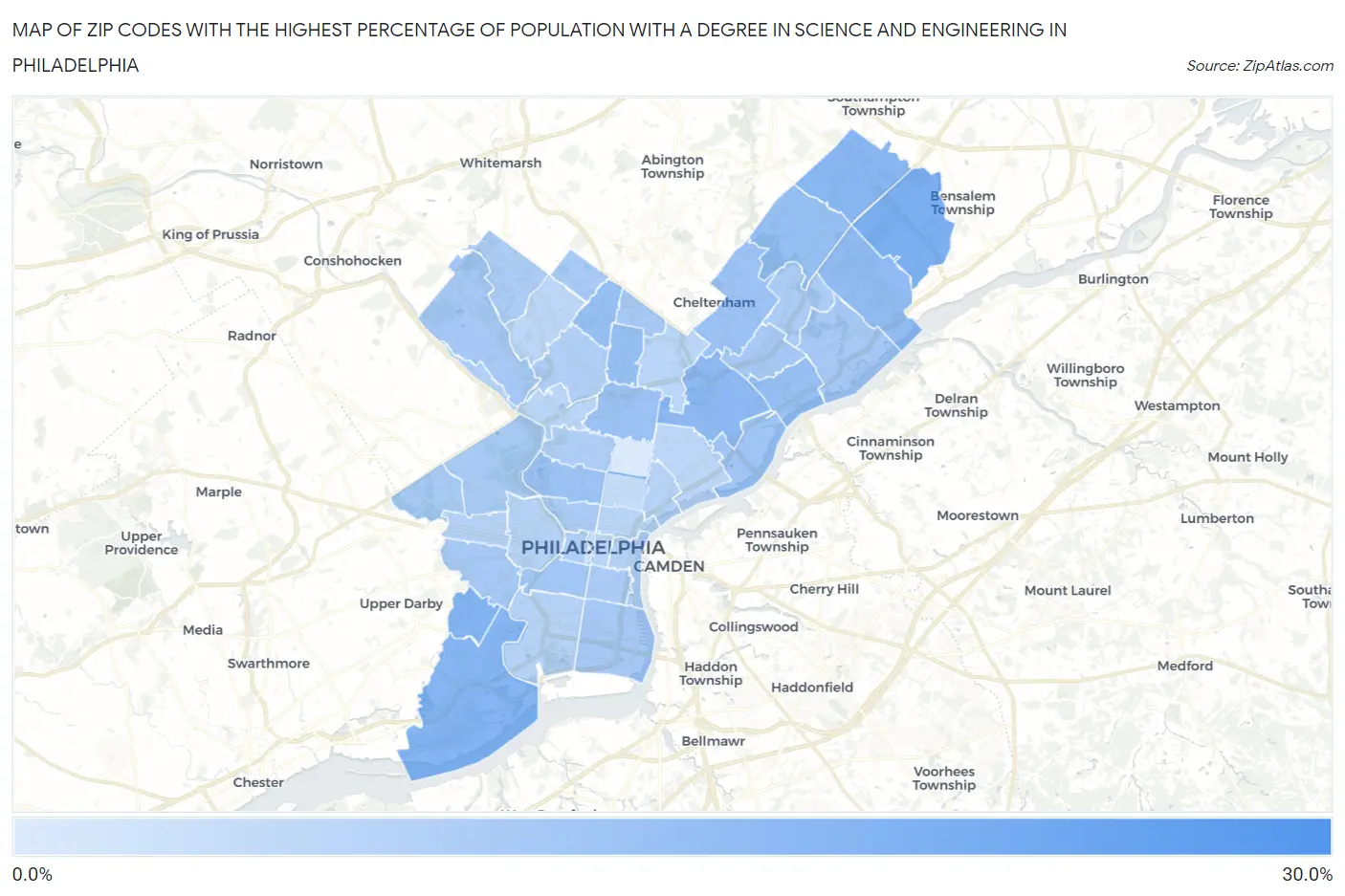 Zip Codes with the Highest Percentage of Population with a Degree in Science and Engineering in Philadelphia Map