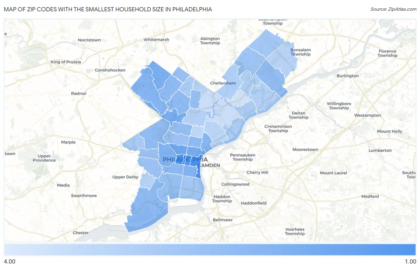 Zip Codes with the Smallest Household Size in Philadelphia Map