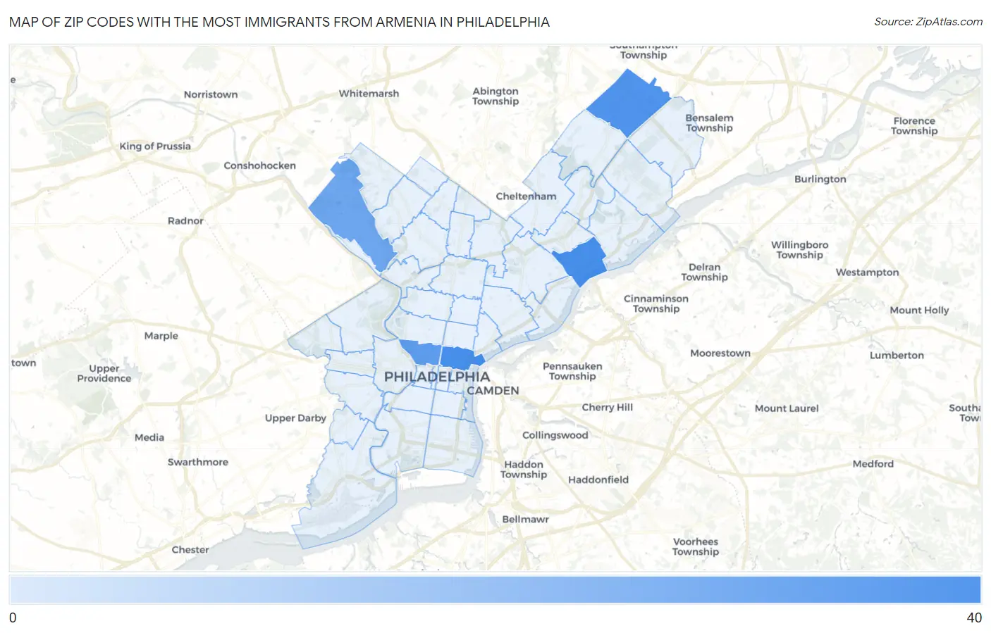 Zip Codes with the Most Immigrants from Armenia in Philadelphia Map