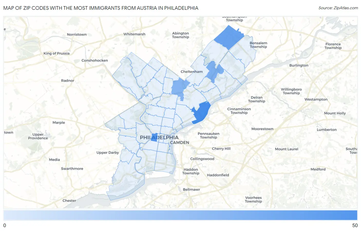 Zip Codes with the Most Immigrants from Austria in Philadelphia Map