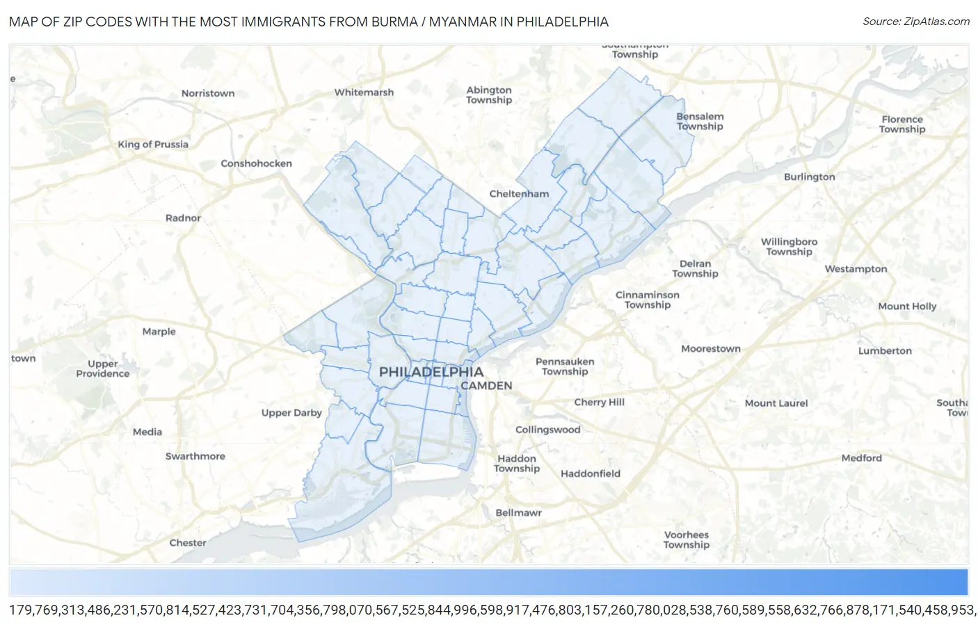 Zip Codes with the Most Immigrants from Burma / Myanmar in Philadelphia Map