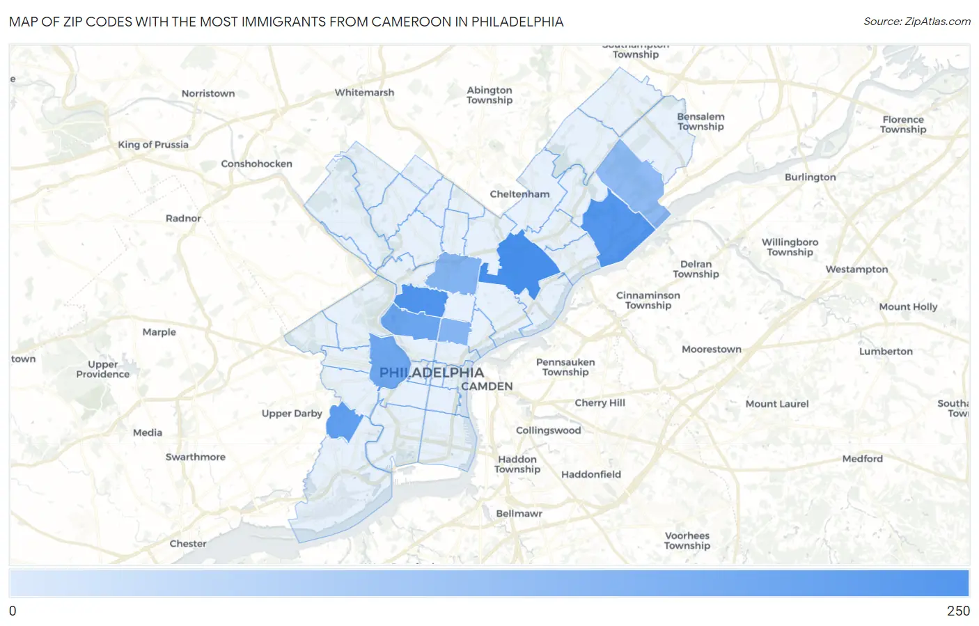Zip Codes with the Most Immigrants from Cameroon in Philadelphia Map