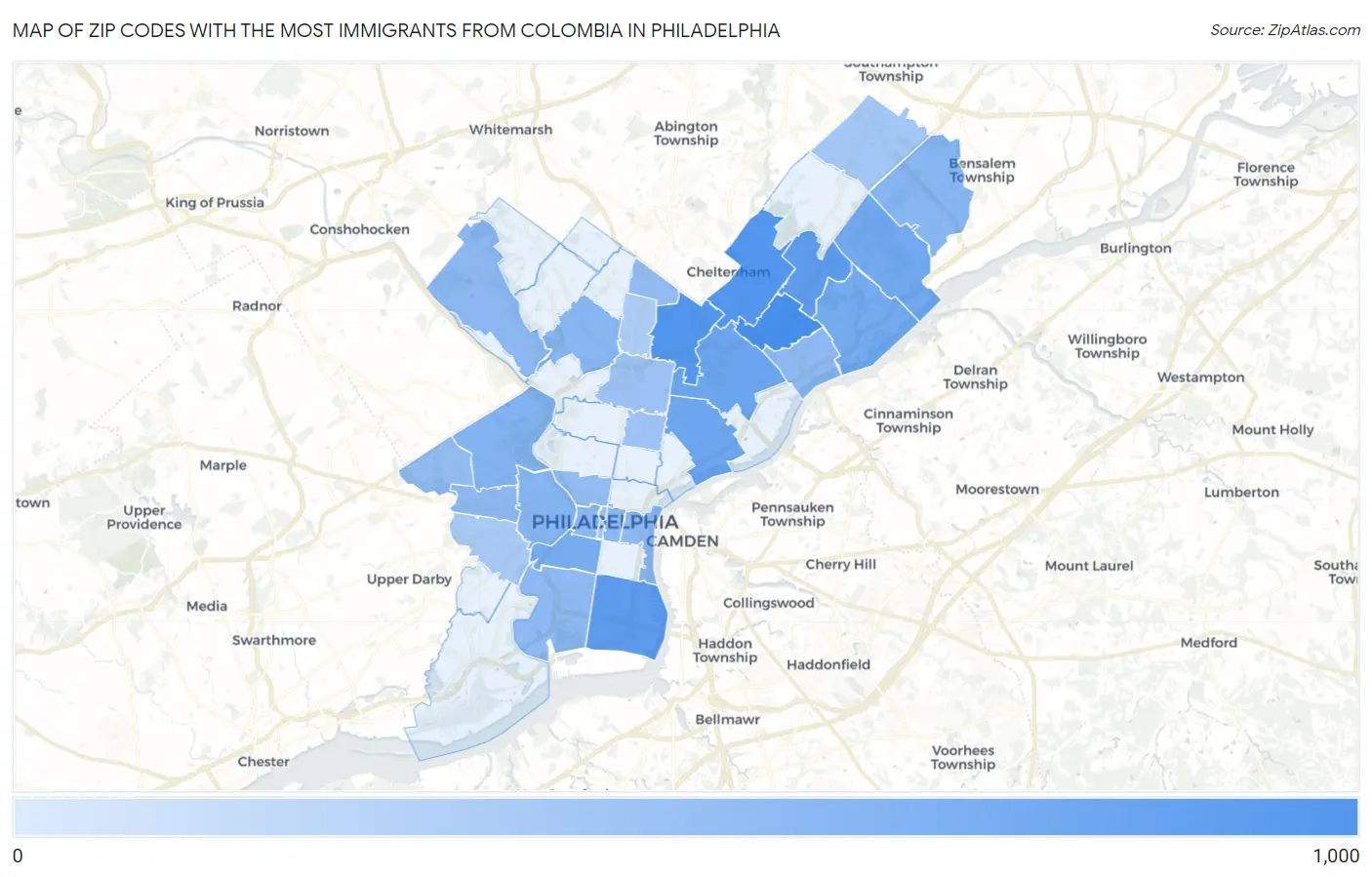 Zip Codes with the Most Immigrants from Colombia in Philadelphia Map