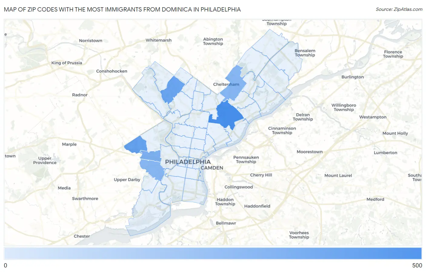 Zip Codes with the Most Immigrants from Dominica in Philadelphia Map