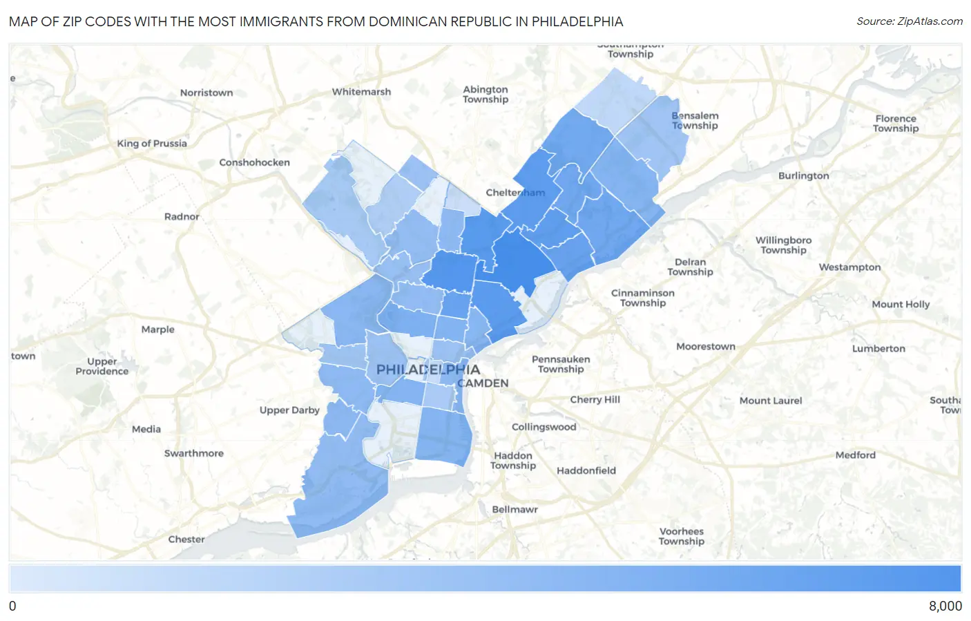Zip Codes with the Most Immigrants from Dominican Republic in Philadelphia Map