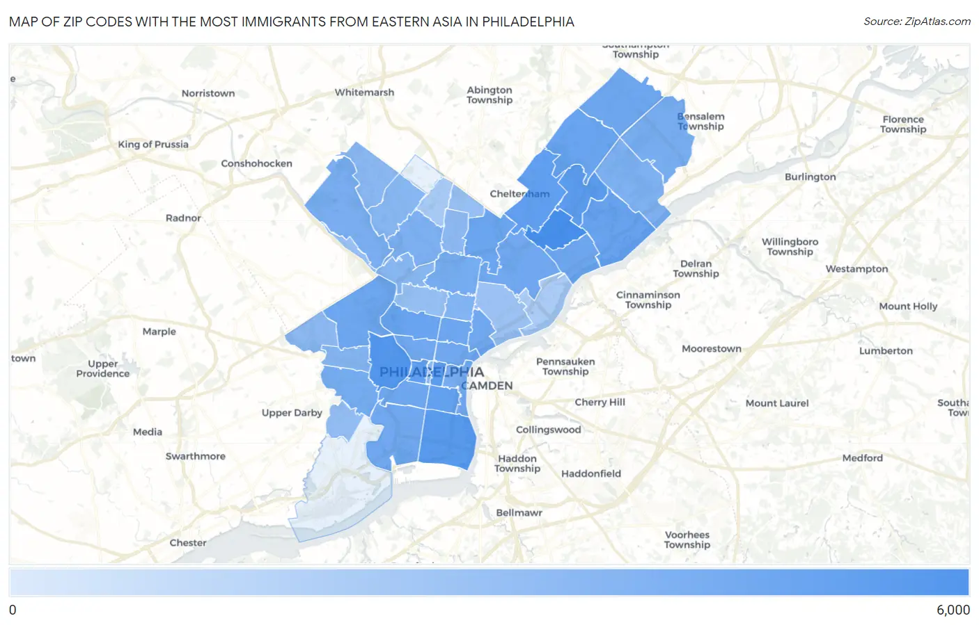 Zip Codes with the Most Immigrants from Eastern Asia in Philadelphia Map