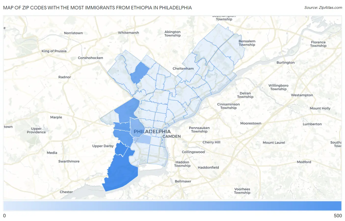 Zip Codes with the Most Immigrants from Ethiopia in Philadelphia Map