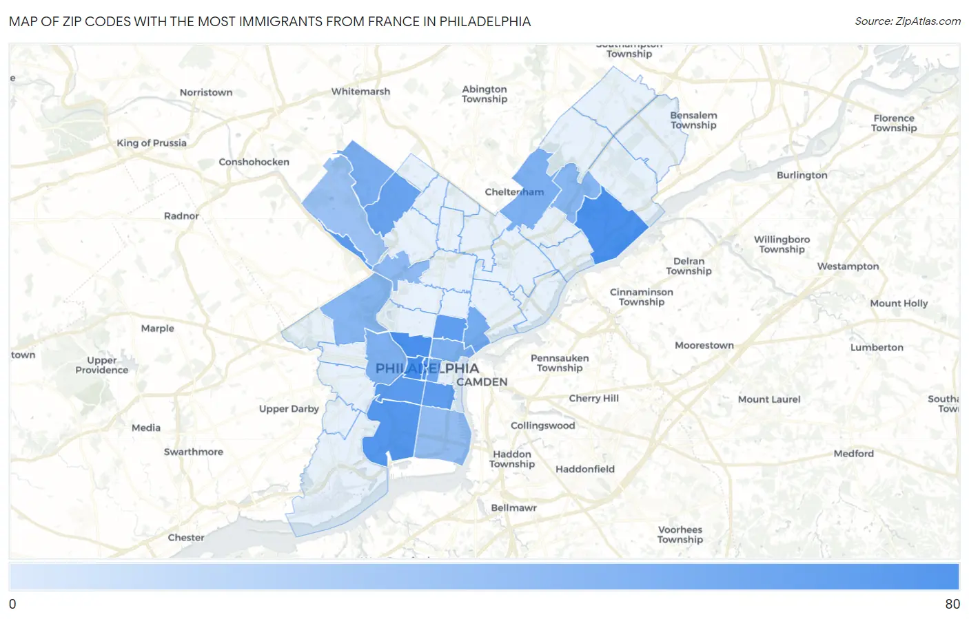 Zip Codes with the Most Immigrants from France in Philadelphia Map