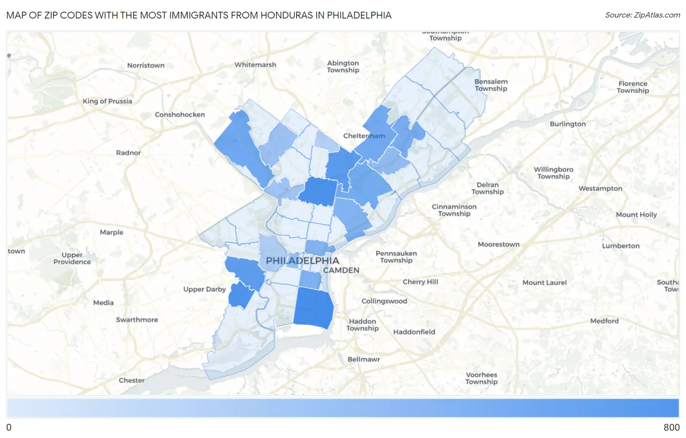 Zip Codes with the Most Immigrants from Honduras in Philadelphia Map