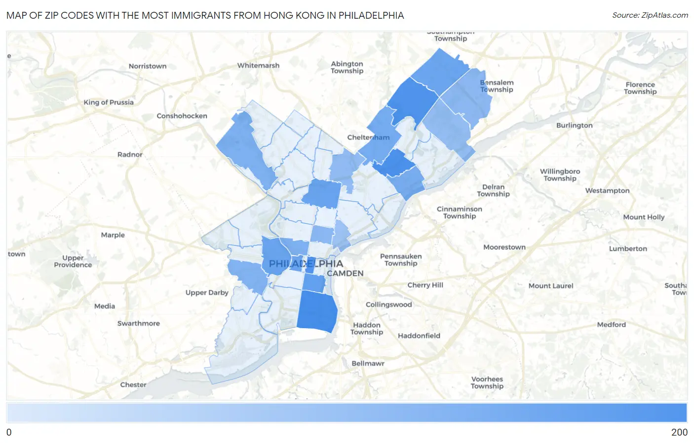 Zip Codes with the Most Immigrants from Hong Kong in Philadelphia Map