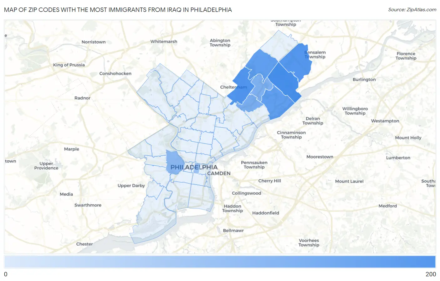 Zip Codes with the Most Immigrants from Iraq in Philadelphia Map