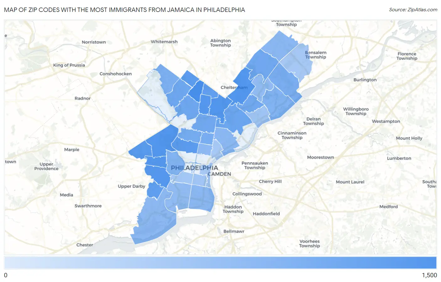 Zip Codes with the Most Immigrants from Jamaica in Philadelphia Map