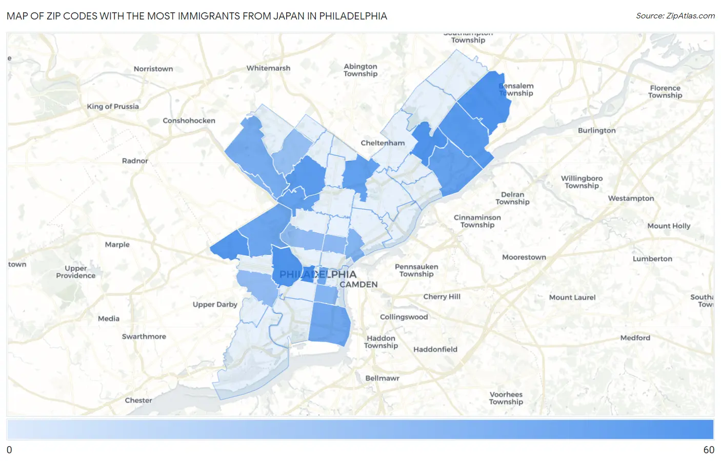Zip Codes with the Most Immigrants from Japan in Philadelphia Map