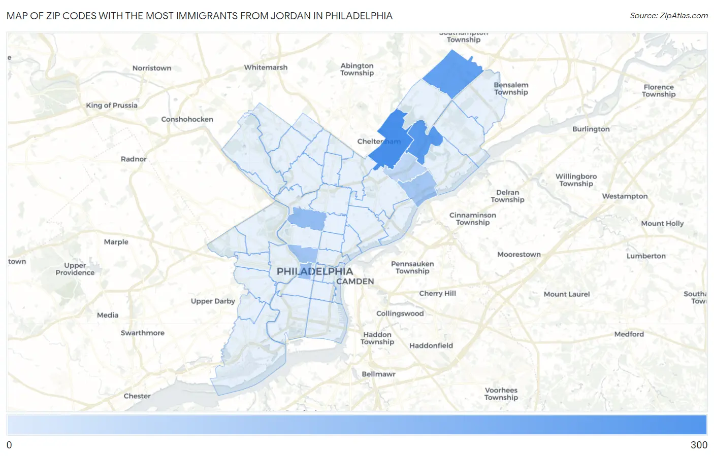 Zip Codes with the Most Immigrants from Jordan in Philadelphia Map