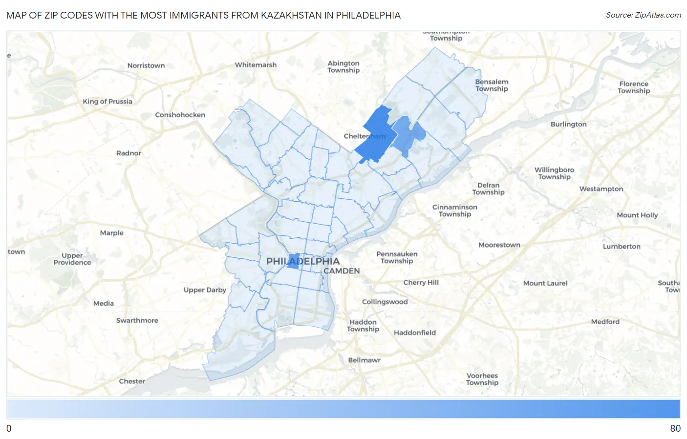 Zip Codes with the Most Immigrants from Kazakhstan in Philadelphia Map