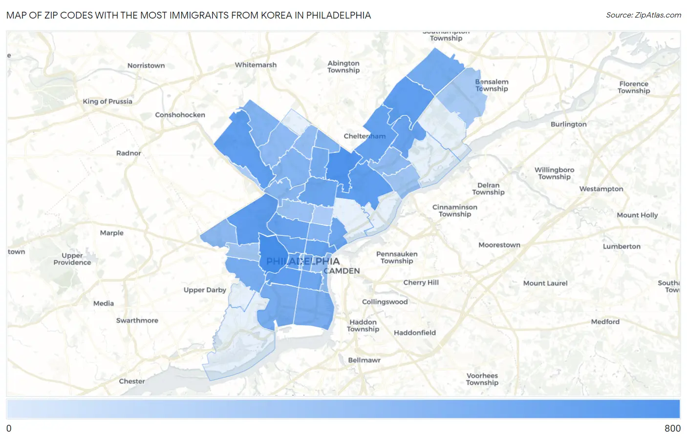 Zip Codes with the Most Immigrants from Korea in Philadelphia Map