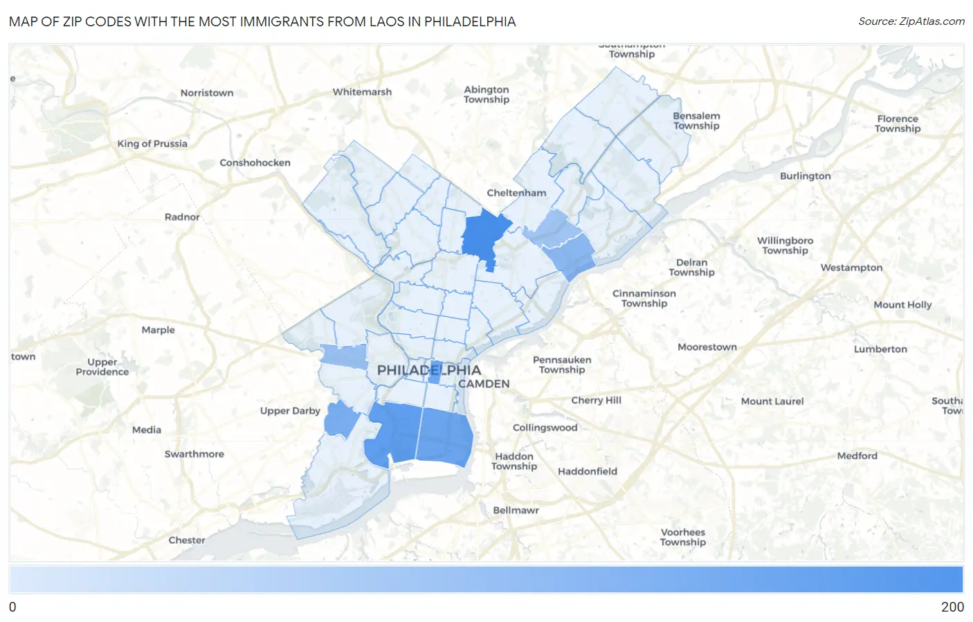 Zip Codes with the Most Immigrants from Laos in Philadelphia Map