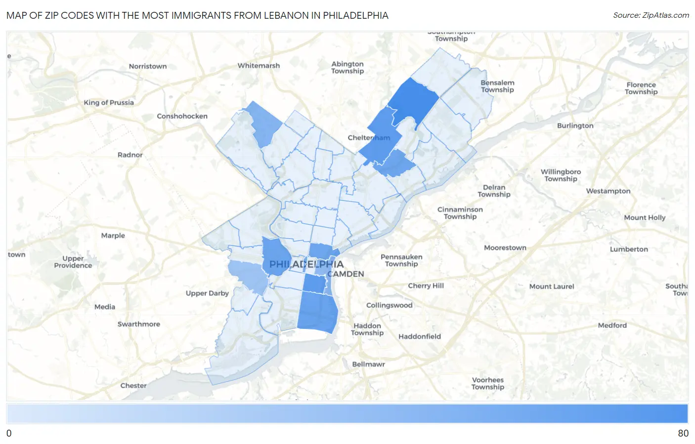 Zip Codes with the Most Immigrants from Lebanon in Philadelphia Map