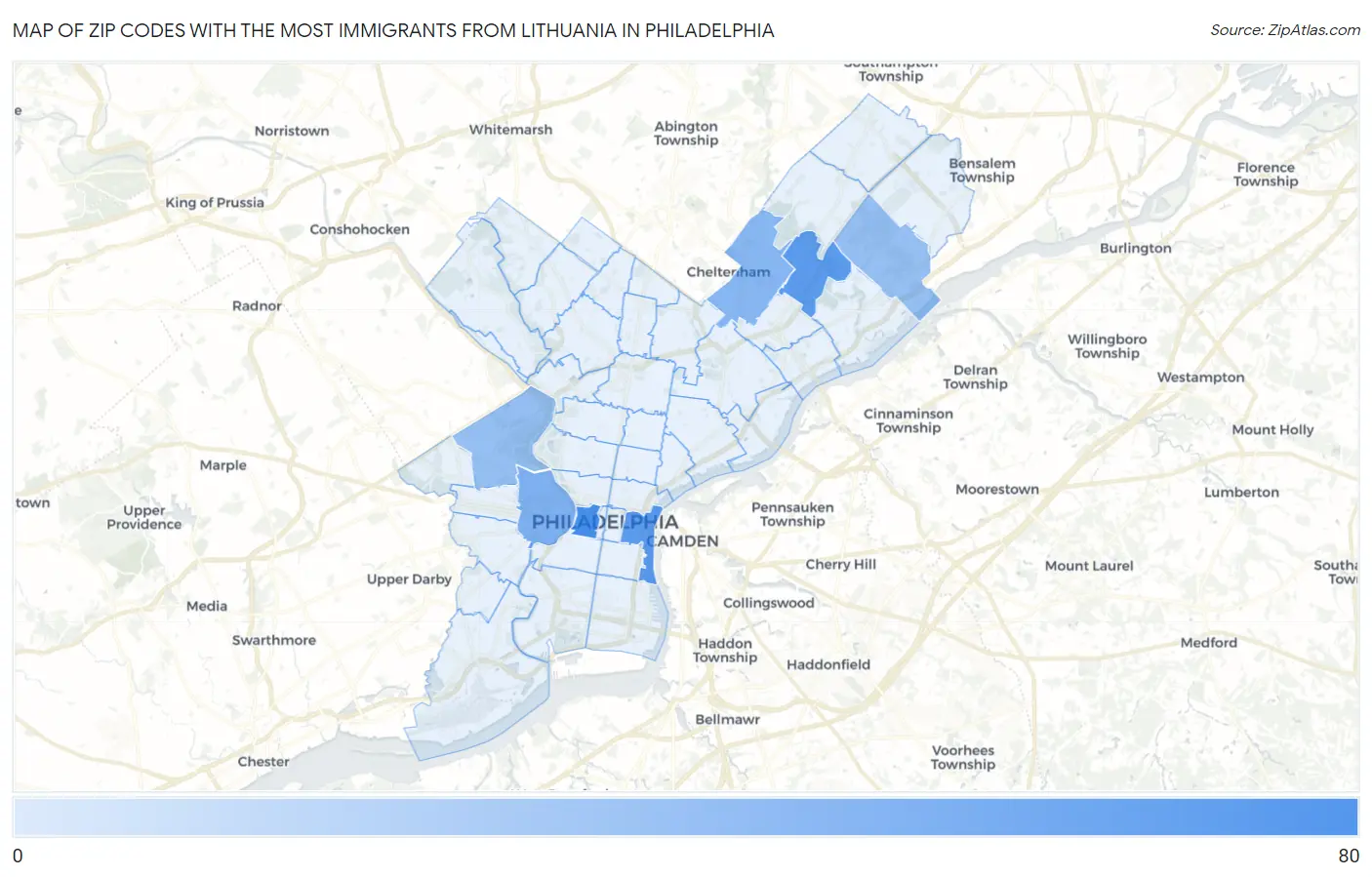 Zip Codes with the Most Immigrants from Lithuania in Philadelphia Map