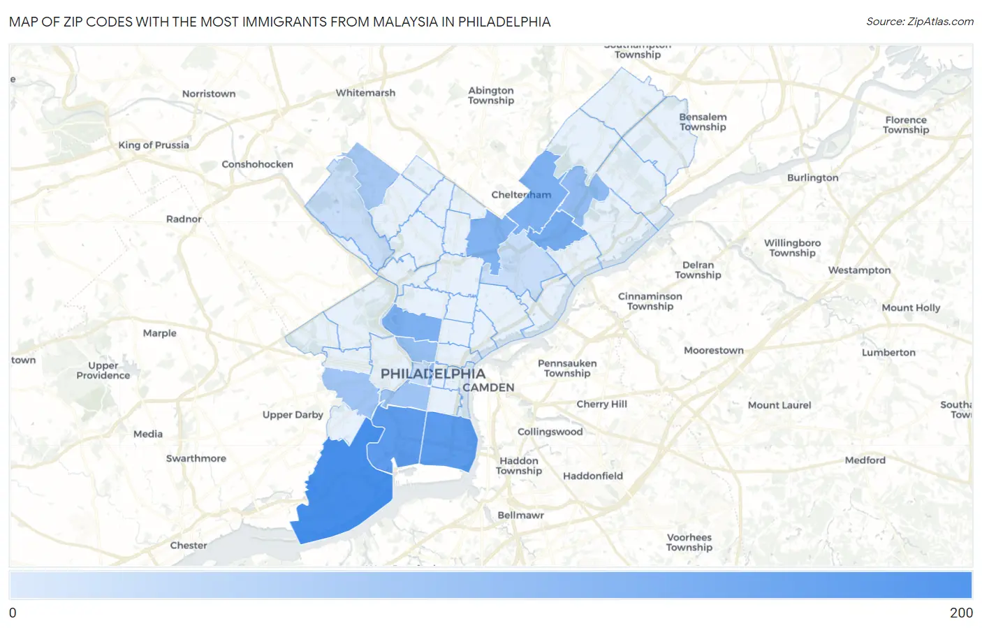 Zip Codes with the Most Immigrants from Malaysia in Philadelphia Map