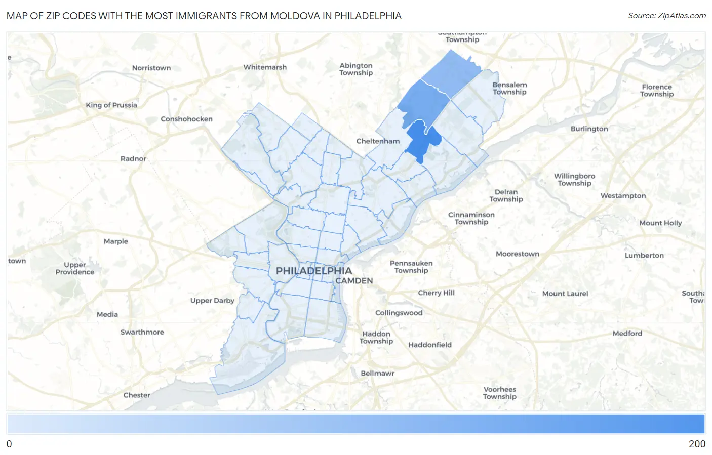 Zip Codes with the Most Immigrants from Moldova in Philadelphia Map