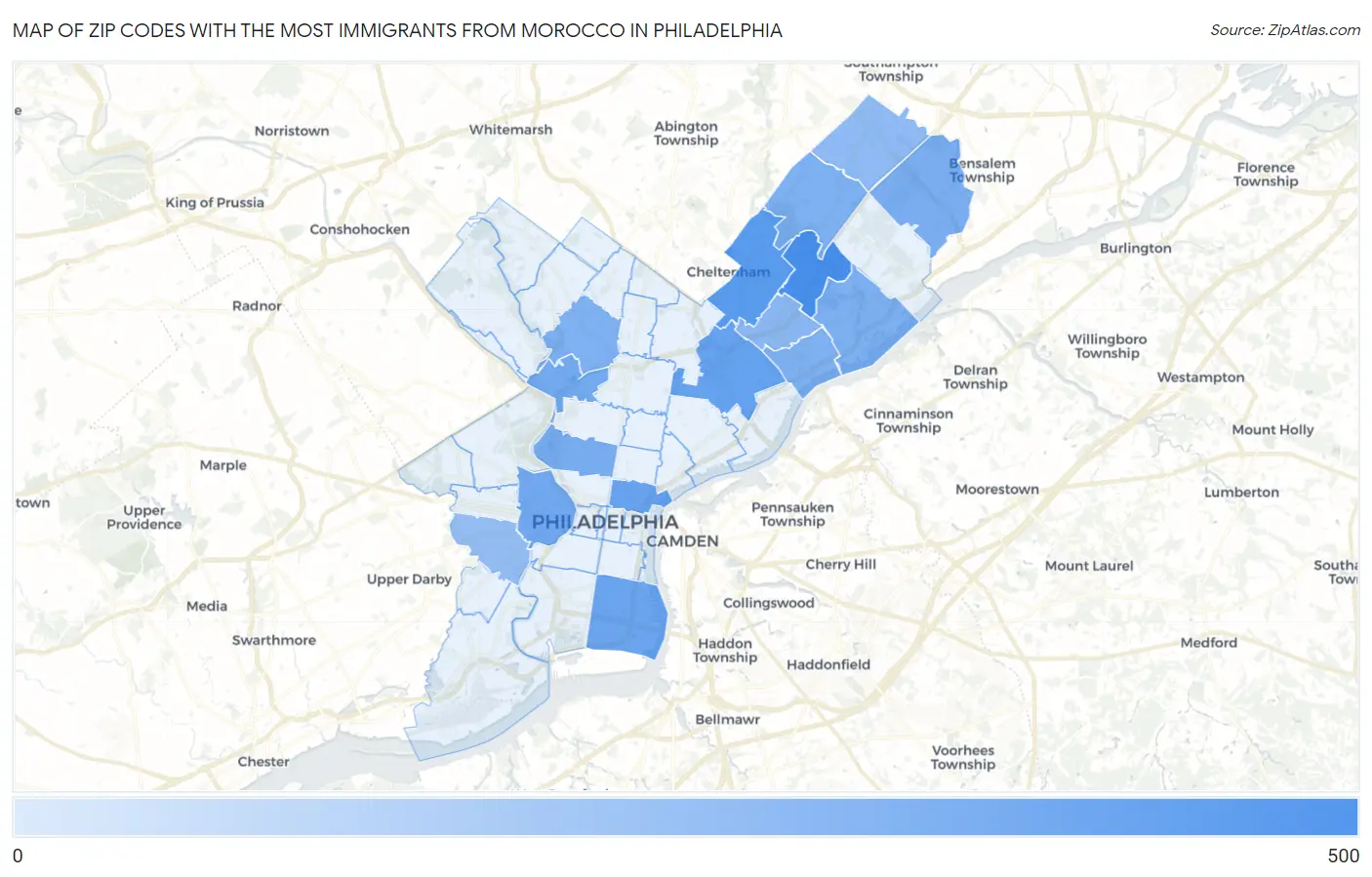 Zip Codes with the Most Immigrants from Morocco in Philadelphia Map