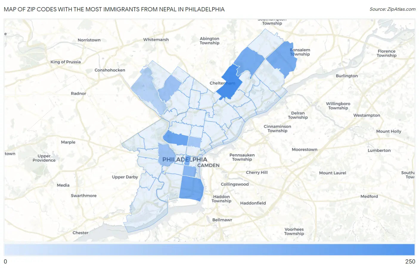 Zip Codes with the Most Immigrants from Nepal in Philadelphia Map