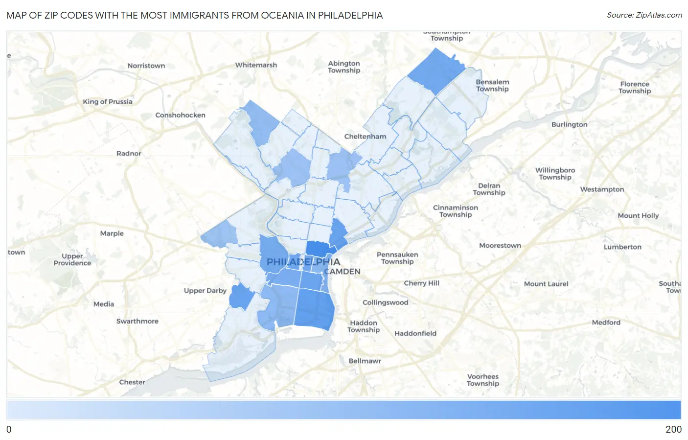 Zip Codes with the Most Immigrants from Oceania in Philadelphia Map