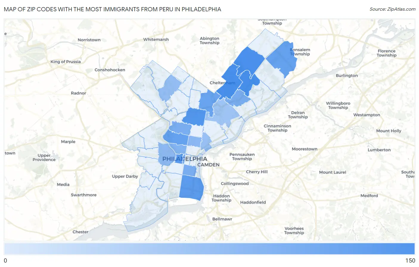 Zip Codes with the Most Immigrants from Peru in Philadelphia Map